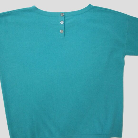 CASHMERE Knit Sweater Pullover Short Sleeve Oversized Boxy Teal Blue - Picture 7 of 8